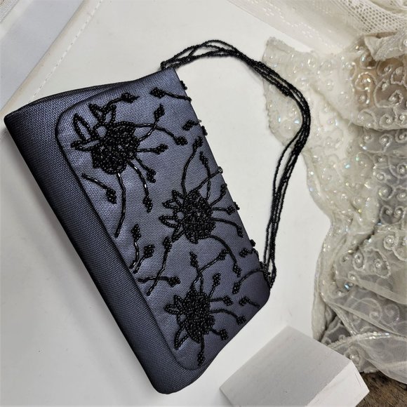 Black Beaded Evening Handbag Purse Floral Pattern - Picture 5 of 8